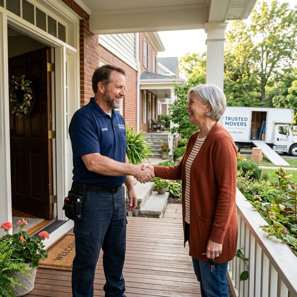 A friendly mover shaking hands with a happy homeowner on their porch, conveying trust and reliability.