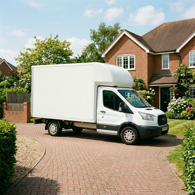 Side view of a white moving van on a city street.