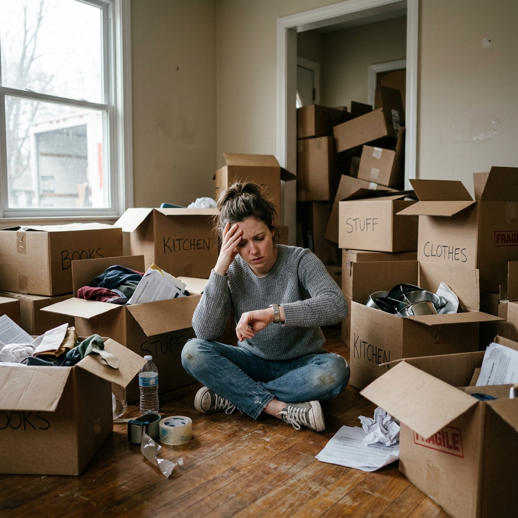A stressed homeowner sitting surrounded by boxes, representing moving day chaos.